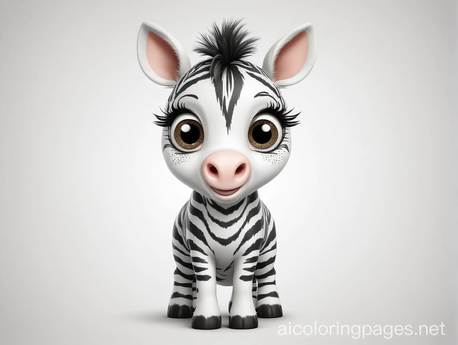 a cute happy zebra, big eyes, white background, basic lines, cartoon style, Coloring Page, black and white, line art, white background, Simplicity, Ample White Space. The background of the coloring page is plain white to make it easy for young children to color within the lines. The outlines of all the subjects are easy to distinguish, making it simple for kids to color without too much difficulty