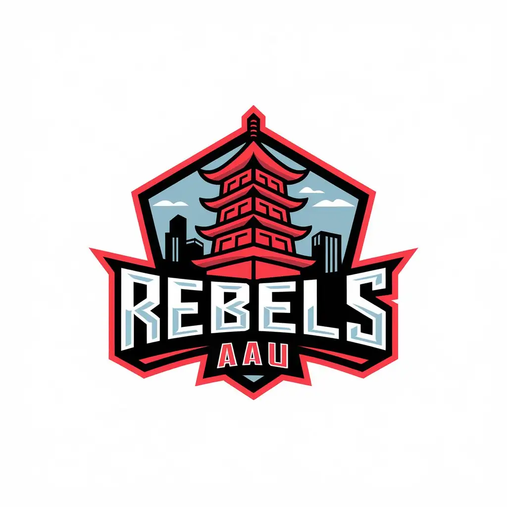 LOGO Design for REBELS AAU Red Asian Pagoda City Skyline Black and Red 3D Text for Sports Fitness Industry