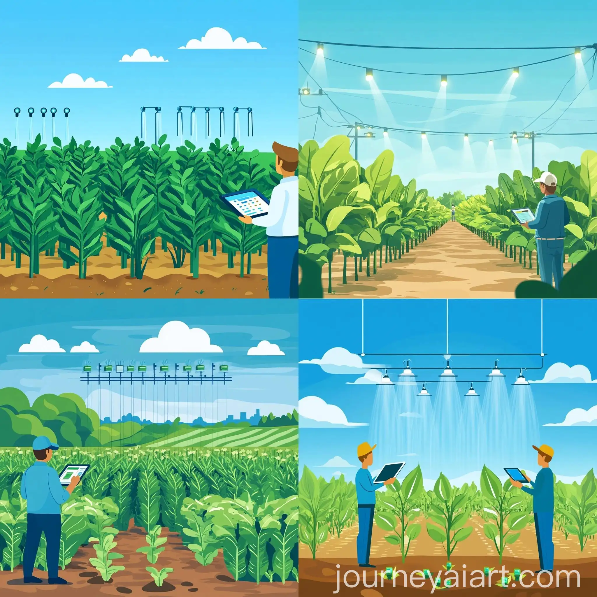 Vibrant-Smart-Farming-Illustration-with-Irrigation-and-TechSavvy-Farmer