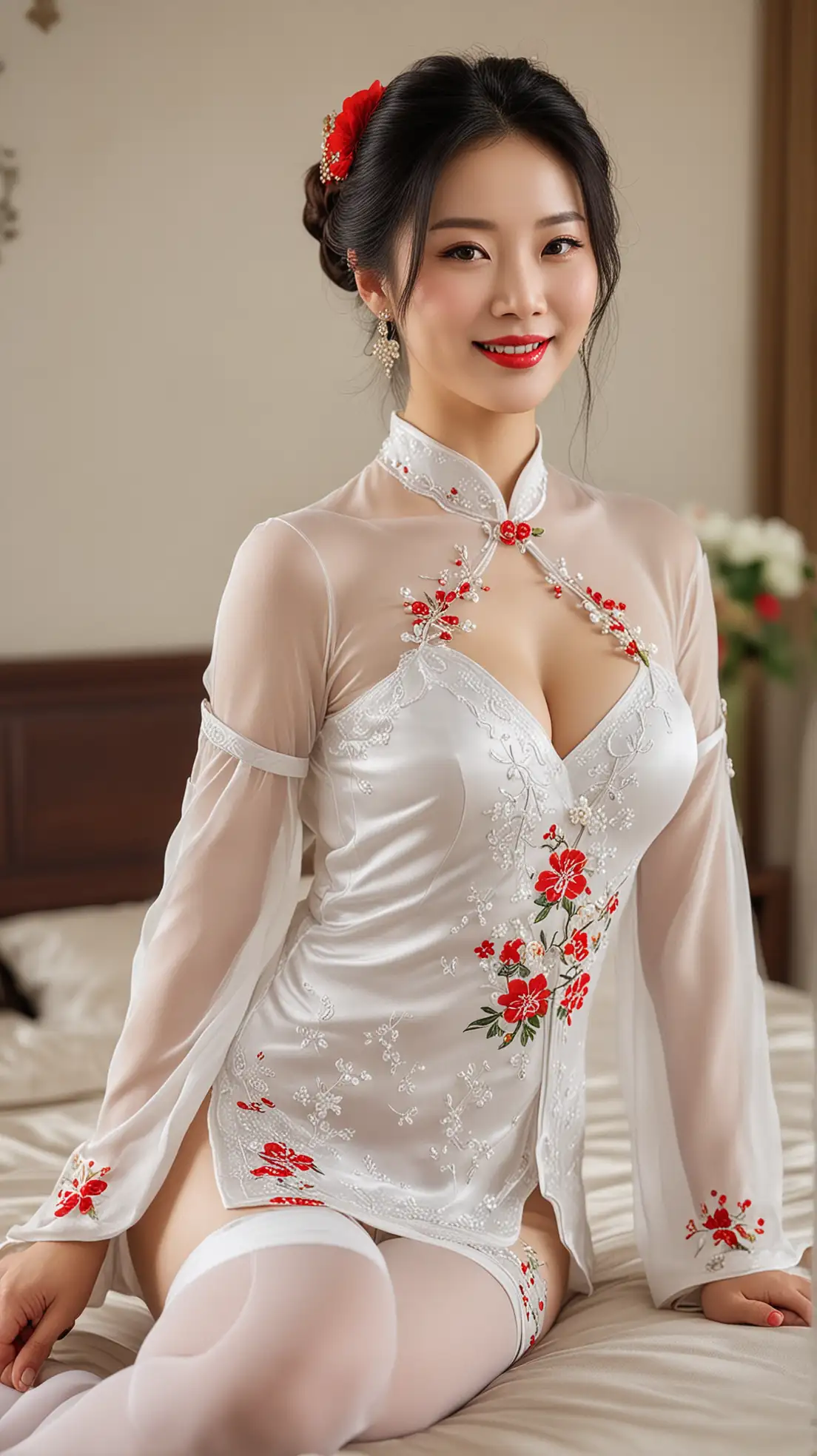 Full figure,1elegant Chinese mature woman,red lips, smile, elegant body shapewear white stockings, jewelry, bedroom, the most beautiful image ever seen, realistic, uhd, RAW, sharp focus, photo realistic, best quality, China,hairs with modern Hanfu style, flower, ultra high res, masterpiece <lora:Chinabody15:0.8