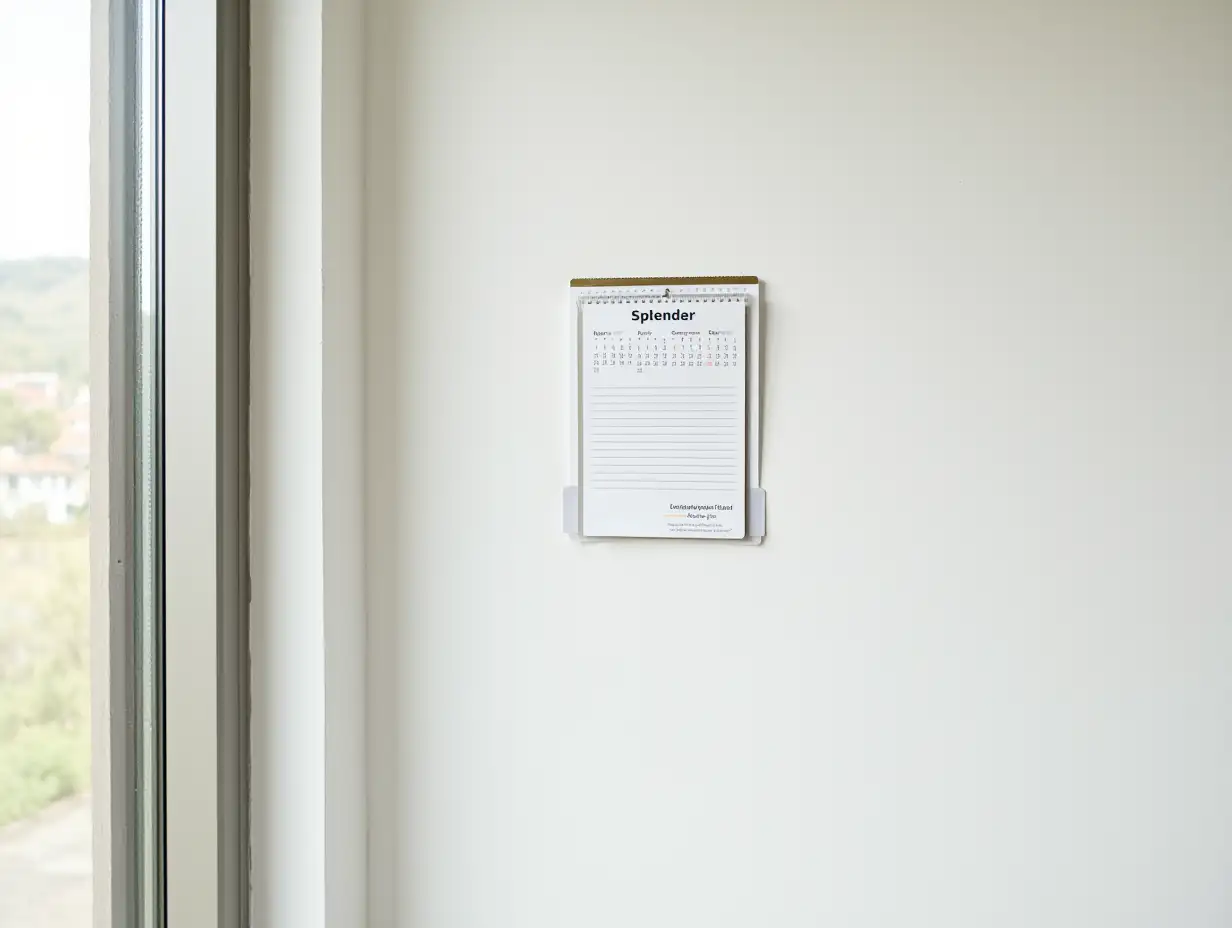 A white wall with a window with a view outside and a calendar next to it