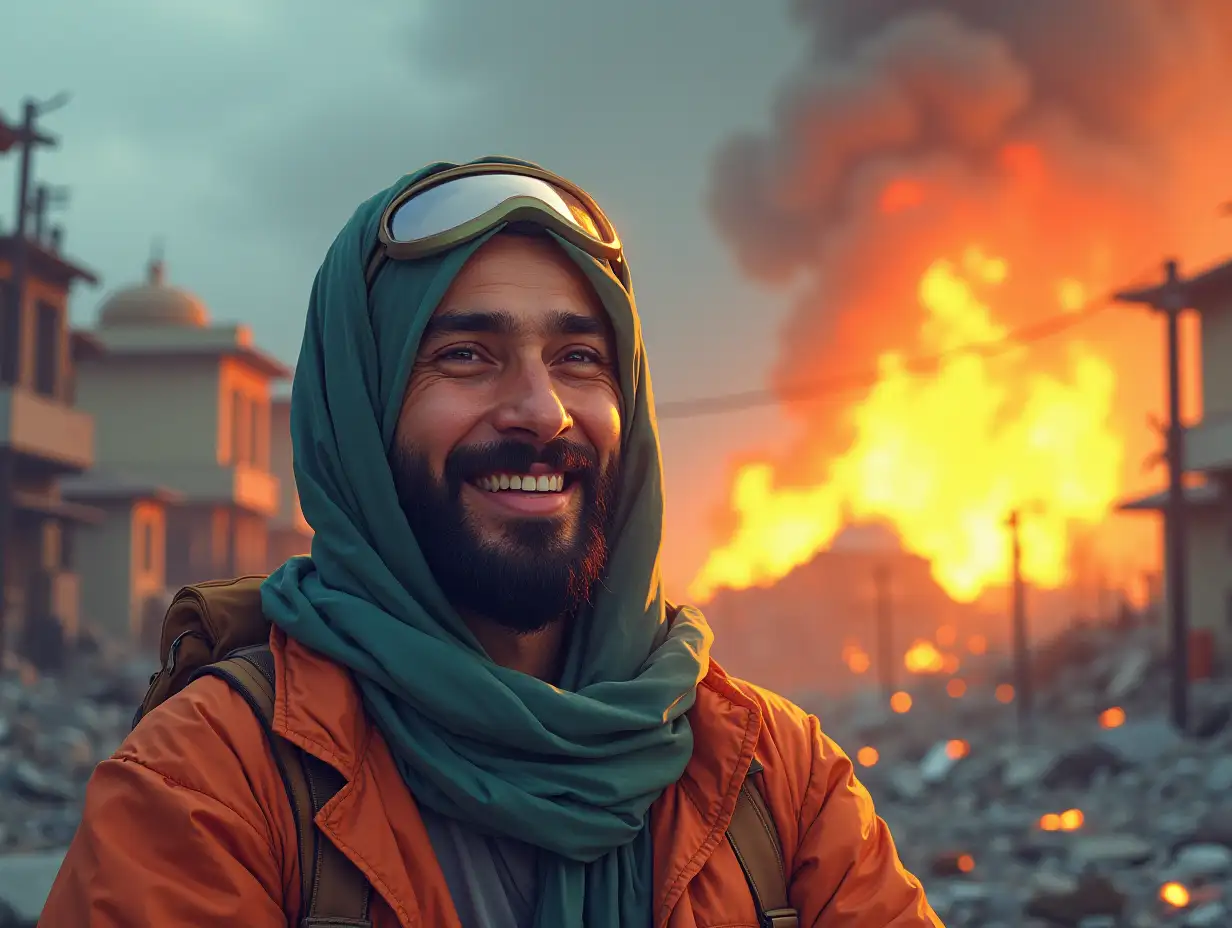 An illustration of a Muslim smiling peacefully despite facing a disaster.