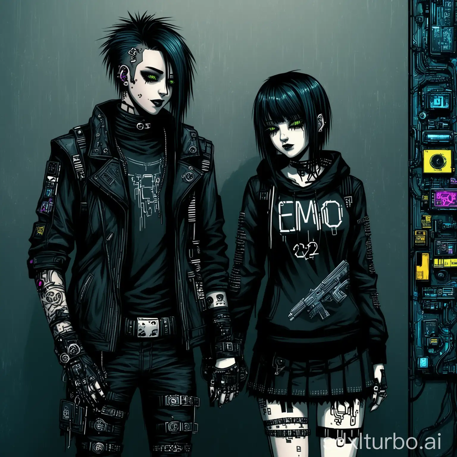 Cyberpunk-Couple-Emo-Woman-and-Gothic-Man-in-Futuristic-Cityscape