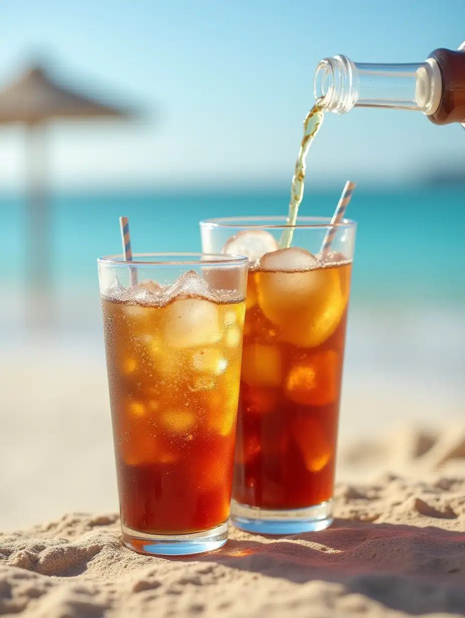 A photo of a soda next to a glass, a soda being poured into a glass, based in high quality, high resolution , beach in the background.