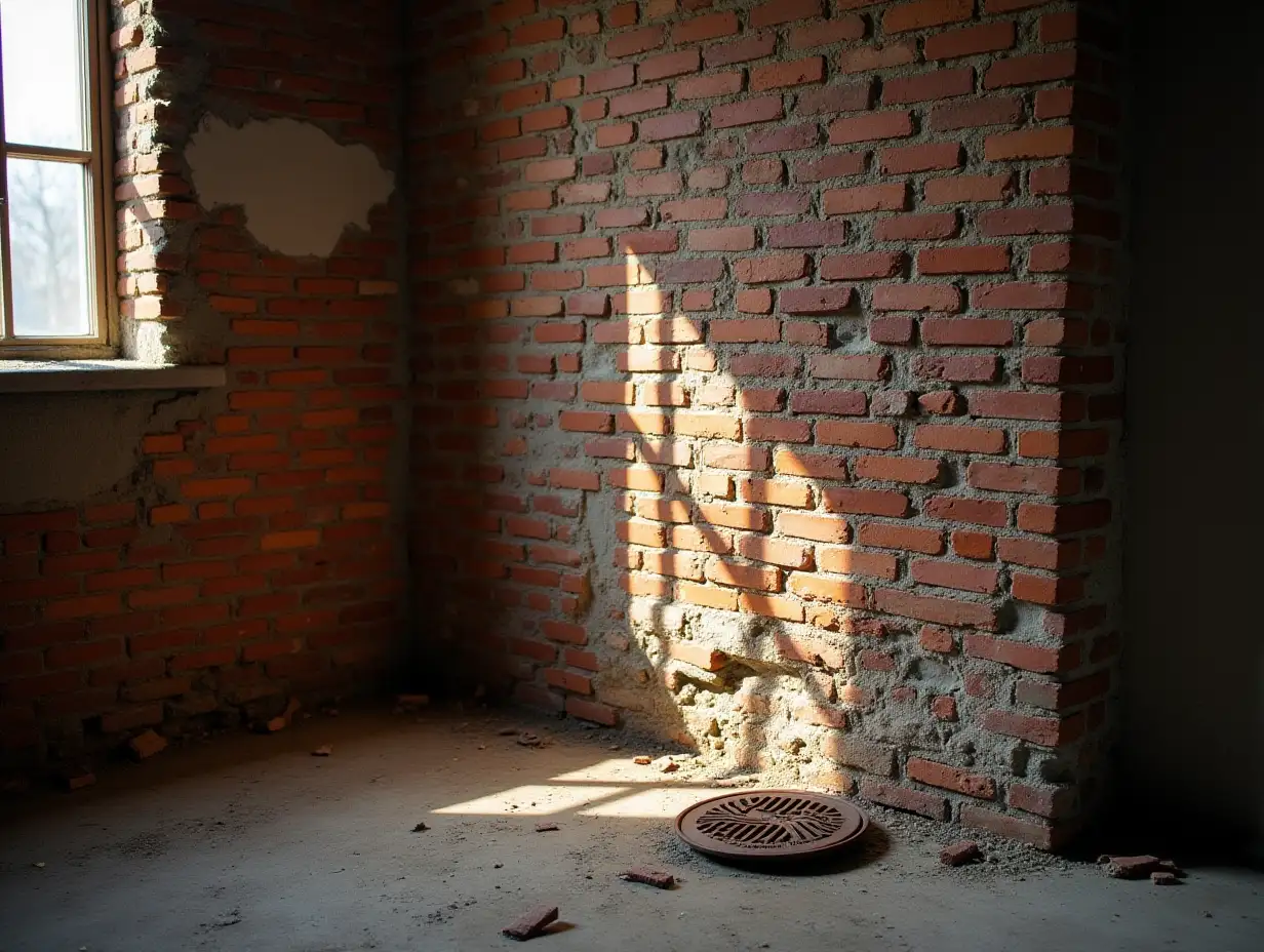 Crumbling Brick Wall with Dramatic Shadows in an Abandoned Building