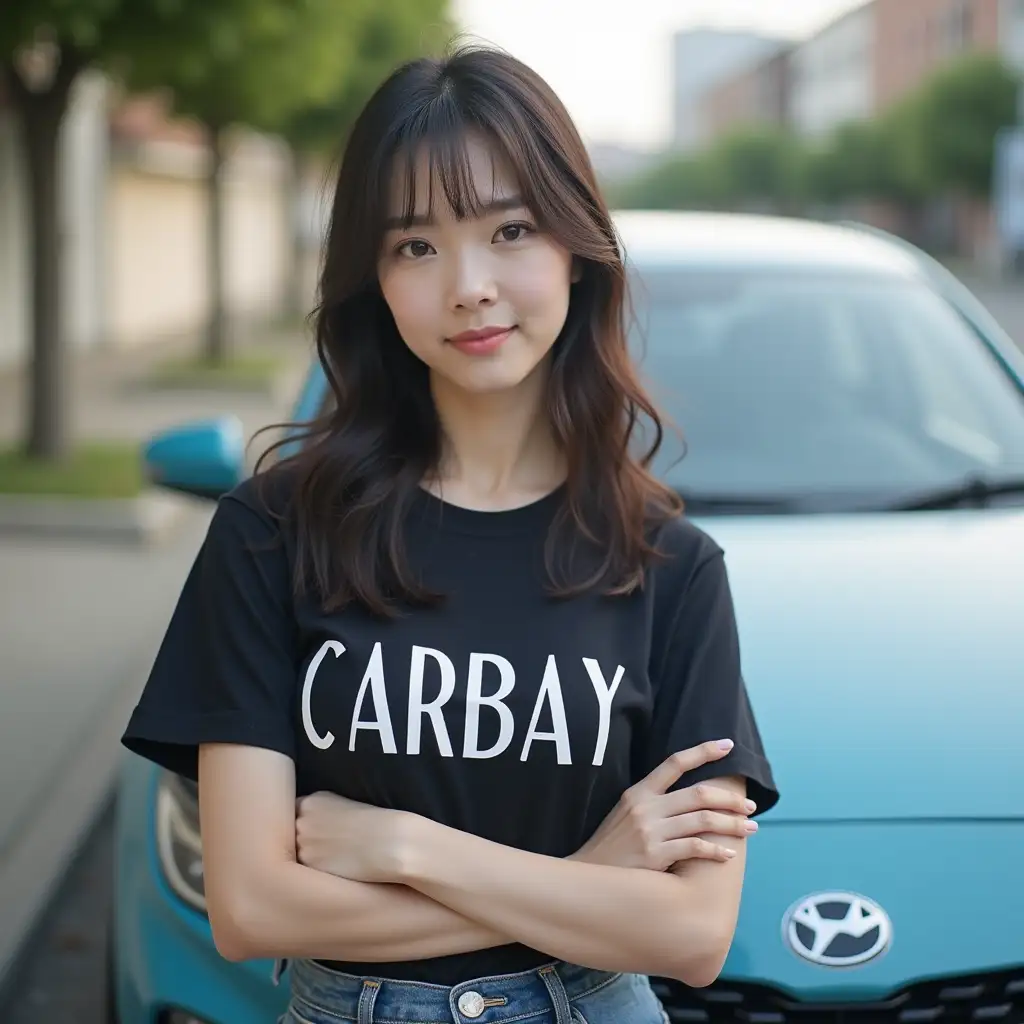 Korean woman in her 20s standing in front of a car wearing a t-shirt with the text 'CARBAY' written on it