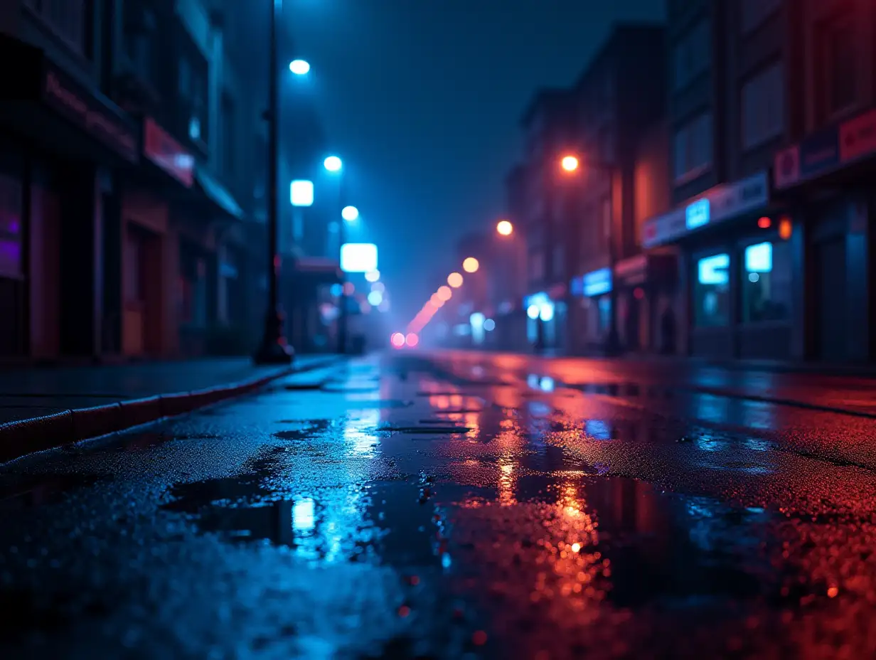 Deserted-Urban-Street-at-Night-with-Vibrant-Neon-Reflections