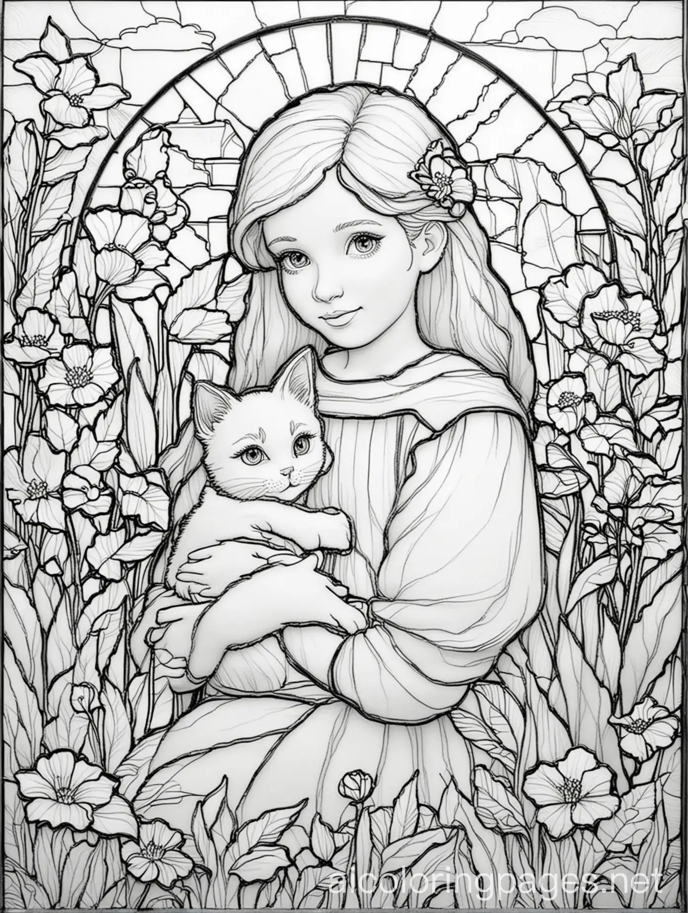 Teenage-Girl-Holding-Kitten-in-Flower-Bed-Coloring-Page