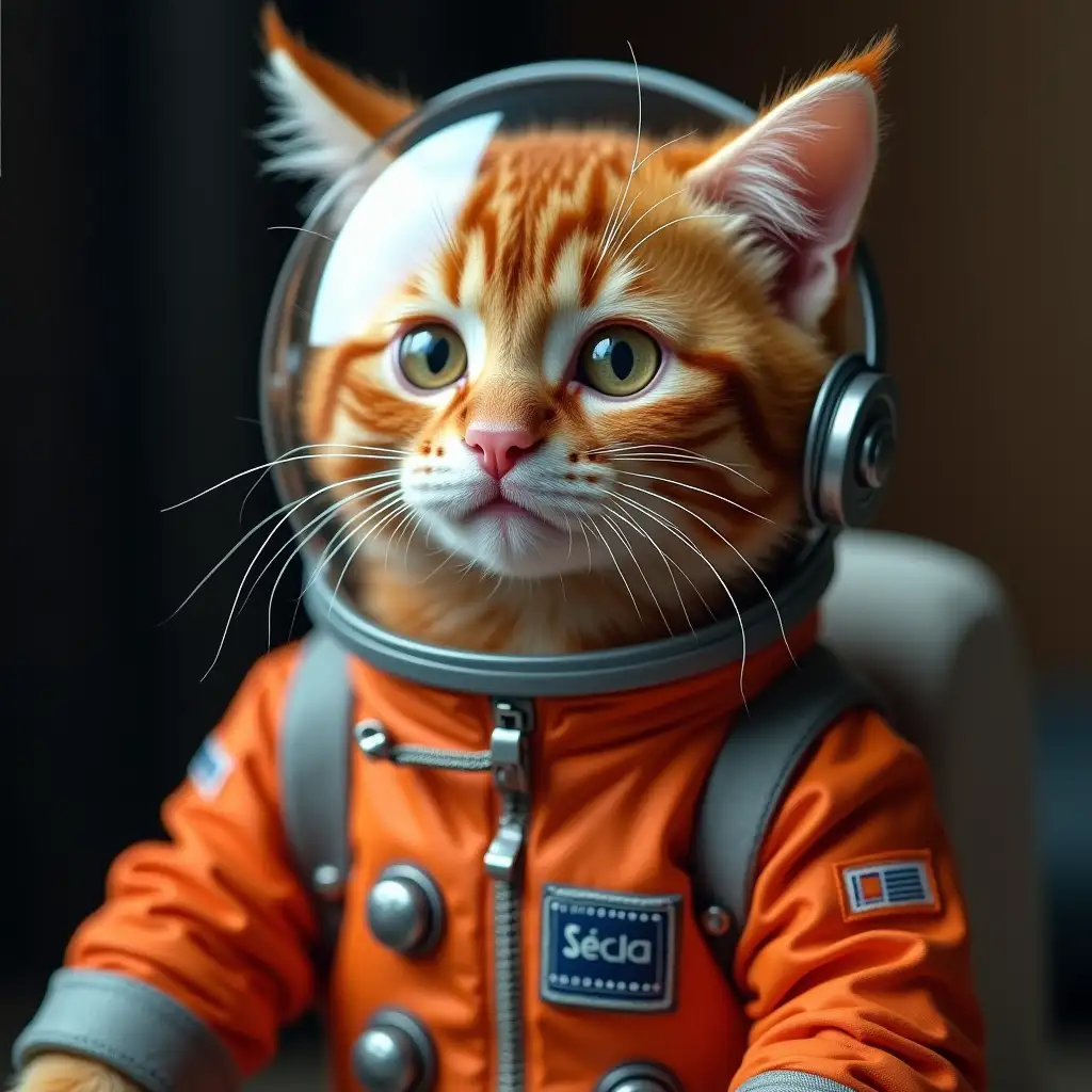 A ginger cat with a space suit