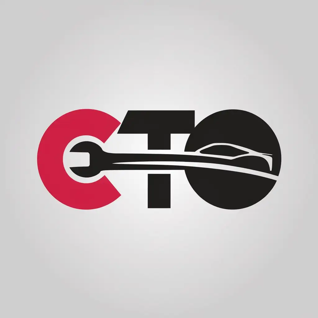 LOGO Design for CTO Red and Black Text Logo with Wrench in Negative Space and Car Silhouette