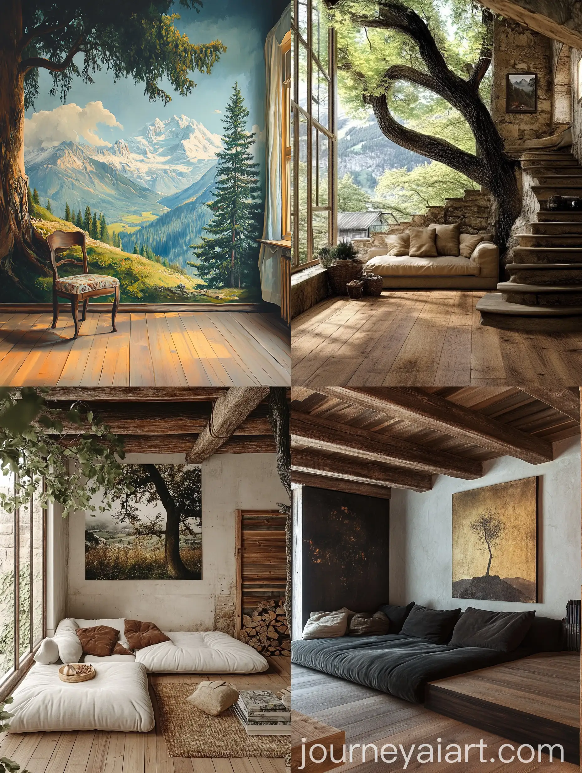 Cozy-Living-Room-in-the-Alps-with-Hardwood-Floor-and-Tree
