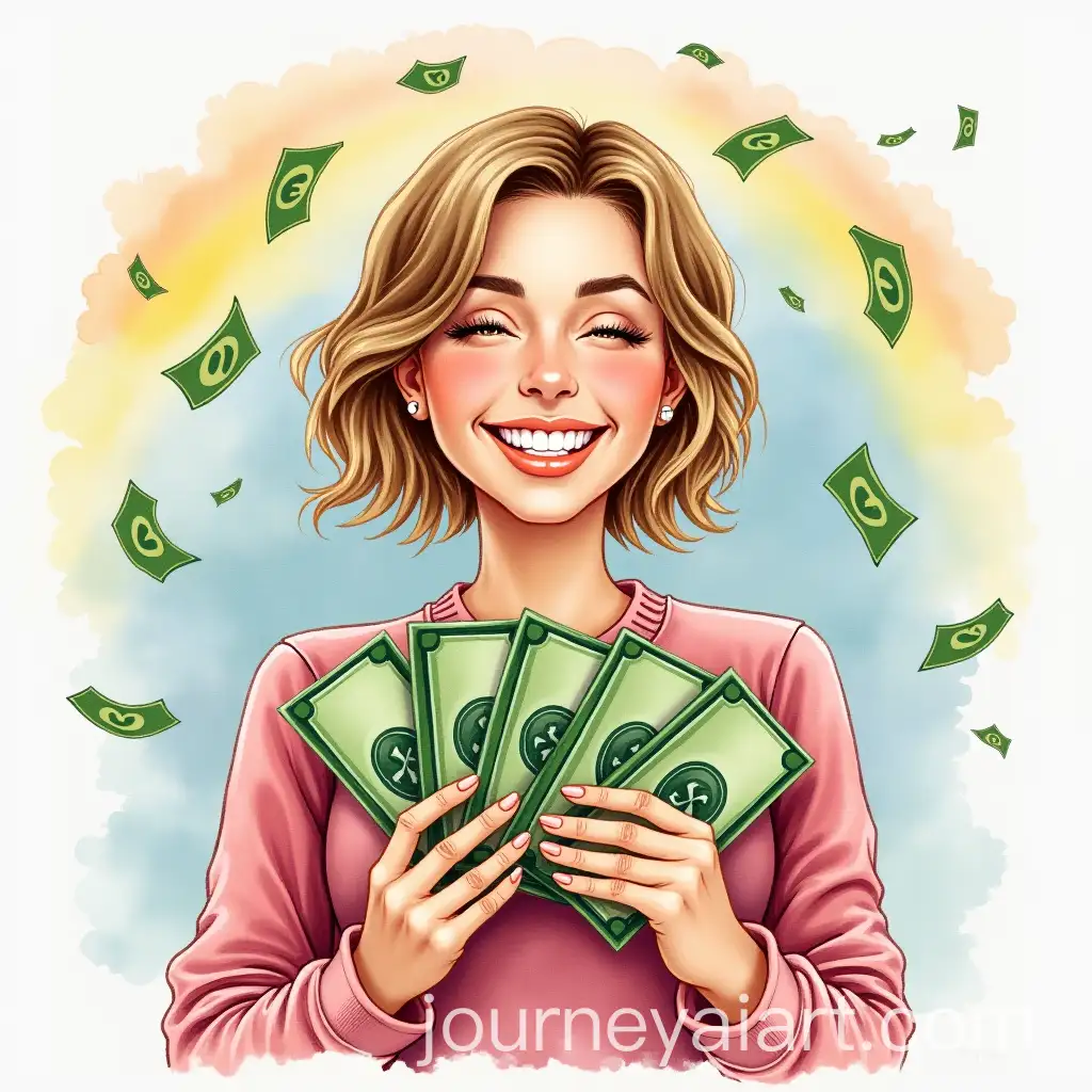 Caucasian-Woman-Smiling-with-Falling-Money-and-Rainbow-Background-in-Watercolor