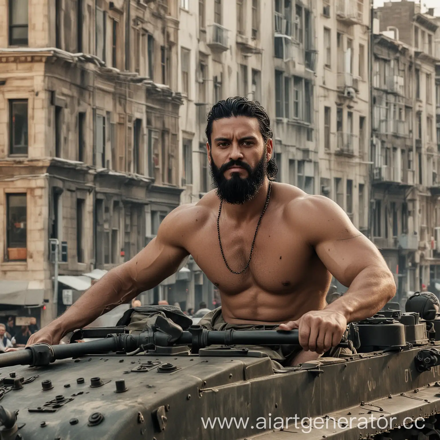 Man-Riding-Tank-Through-Urban-Cityscape