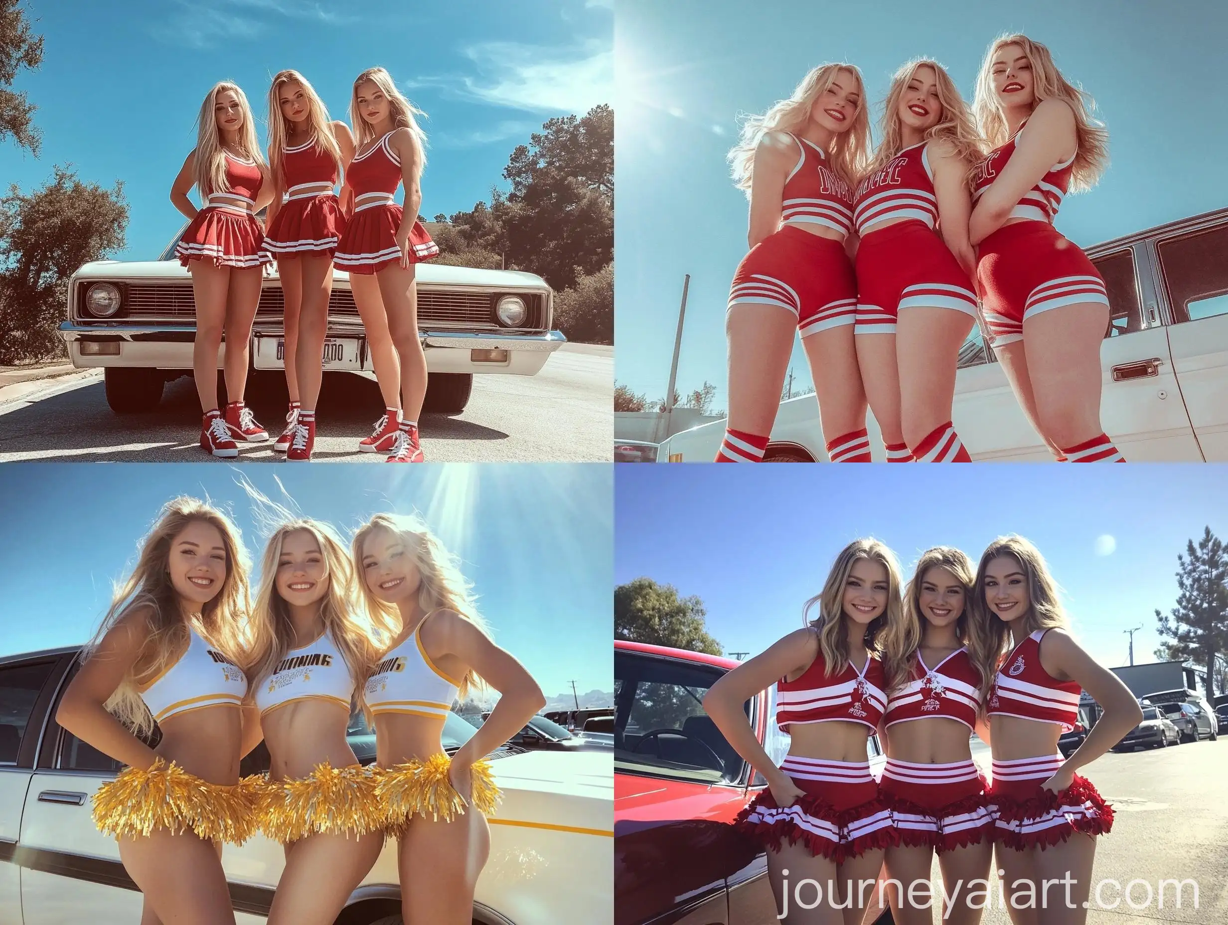 Three-Blonde-Cheerleaders-Posing-Outside-a-Car-on-a-Sunny-Day