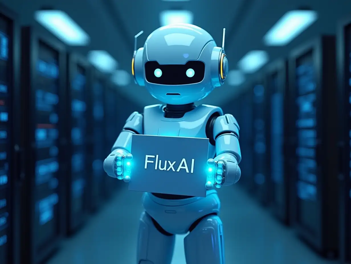 Create a robot blue, on a gray background among the servers with a sign in his hands on which will be written:FluxAI 'The choice is yours'