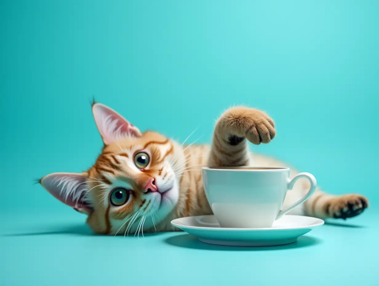 A high-resolution photography piece showcasing a lazy cat elegantly grasping a cup of coffee with its paw. The pure cyan background is clean and sharp, enhancing the modern feel of the composition. Studio lighting is bright yet soft, emphasizing the cat's eyes and the texture of its fur, reflecting poise and elegance. The atmosphere radiates warmth and comfort. Created Using: ultra-clear static photography, soft light handling, intricate color depiction, minimalist style elements, dynamic angles, expressive emotional capture, detailed background treatment, hd quality, natural look