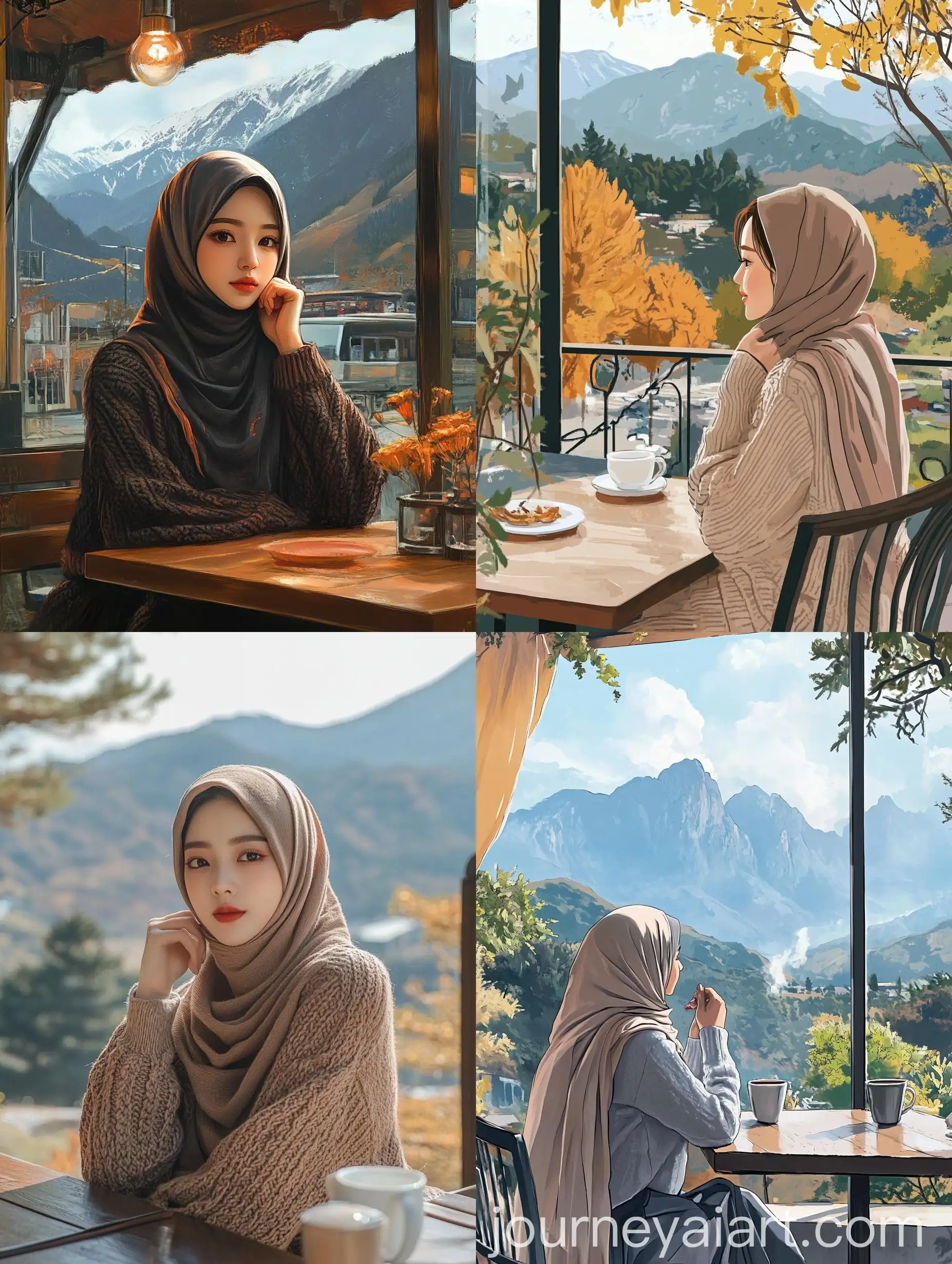 Pretty-Korean-Woman-in-Hijab-Relaxing-at-Outdoor-Cafe-with-Highland-Mountain-View
