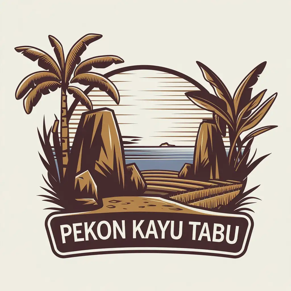 a vector logo design,with the text "PEKON Kayu Tabu", main symbol:Tall rocks by the seashore, banana trees and rice fields,Moderate,clear background