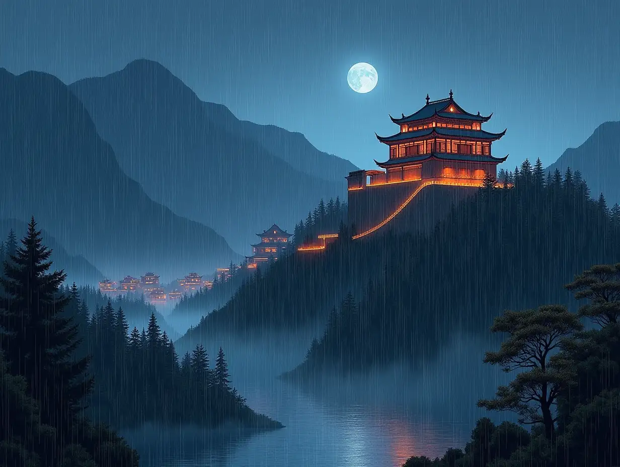 Draw a picture of Jiulong Fortress in the rainy night