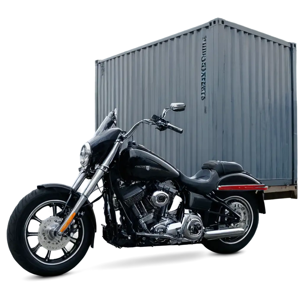 Harley Davidson motorcycle in front of sea container