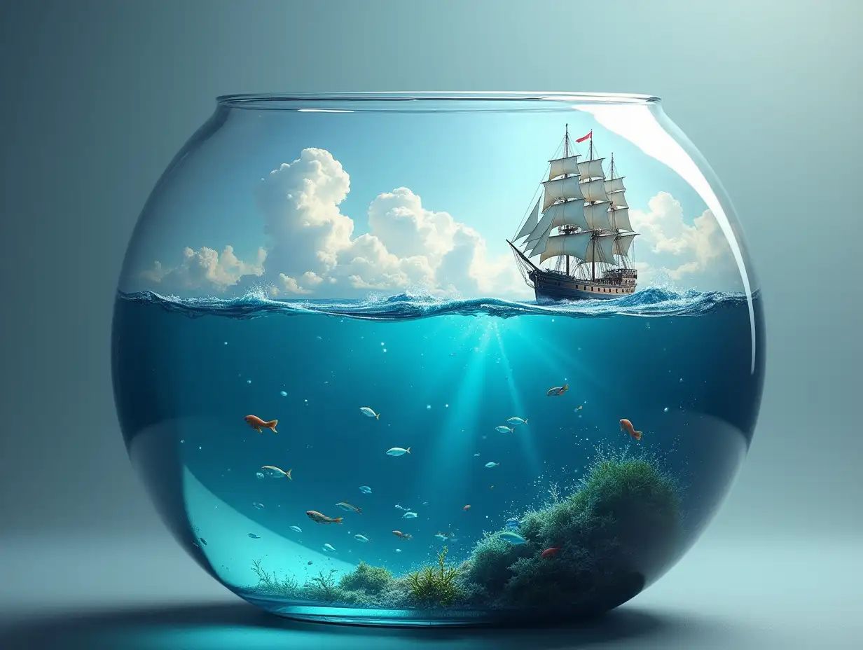 Create an oval glass container with an ocean with big waves, Fish under water, a large sailing ship and a 4K flash resolution