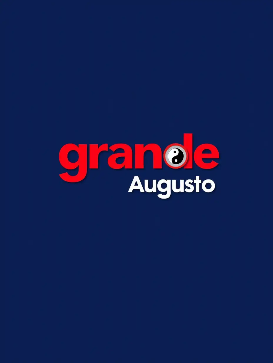 Imagine a vibrant and striking logo. The word 'grande' is presented in capital letters, with a robust and modern font, in an intense red color that catches attention. Below, the word 'Augusto' appears in white letters, with an elegant and fluid font, which contrasts perfectly with the deep blue background. The blue brings a sense of confidence and tranquility, while the red of 'grande' transmits energy and strength. Together, these elements create a powerful and memorable visual identity, ideal for standing out, with the black and white yin yang logo on the letter O of 'Augusto'