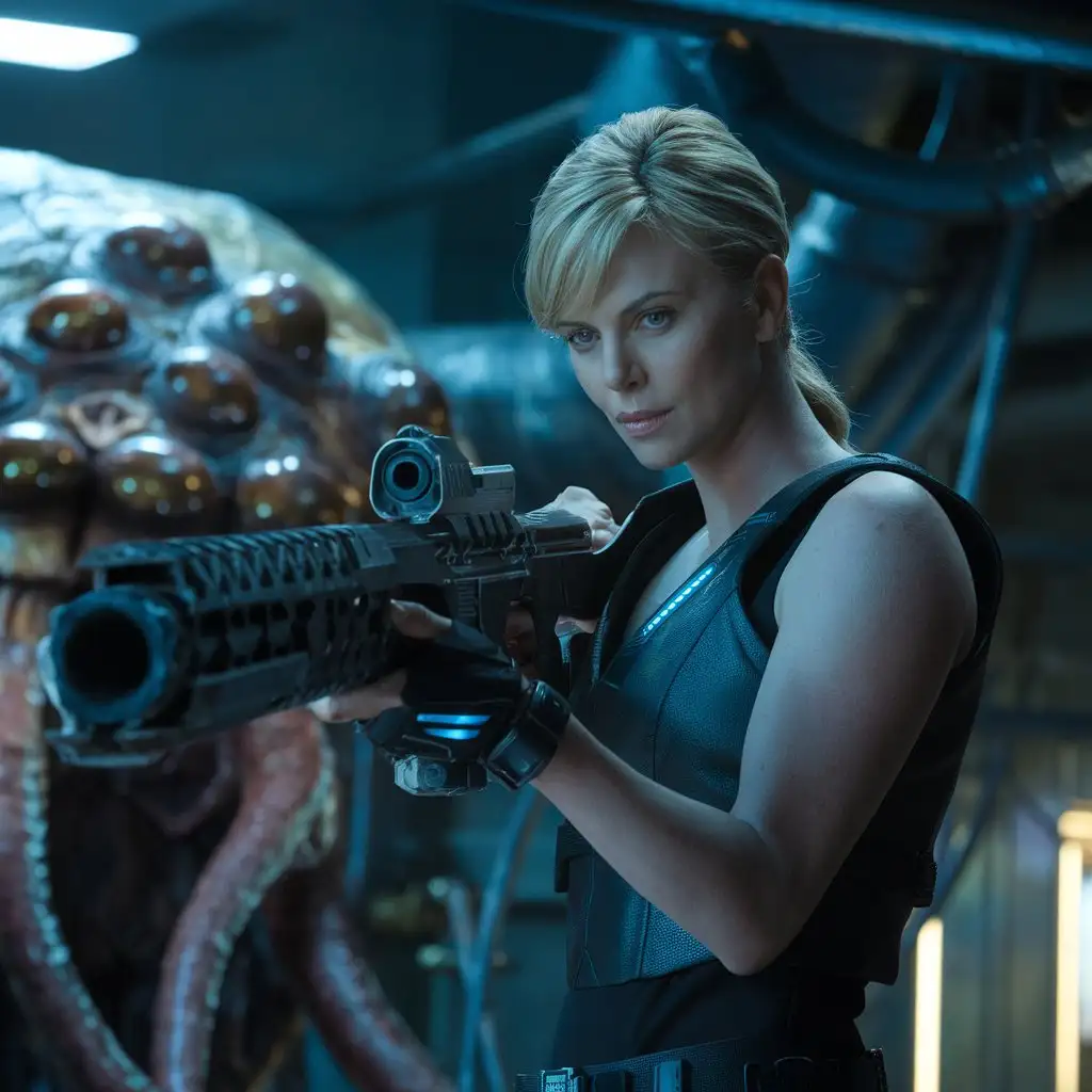 Charlize Theron and Alien. cinematic, photo , 4k