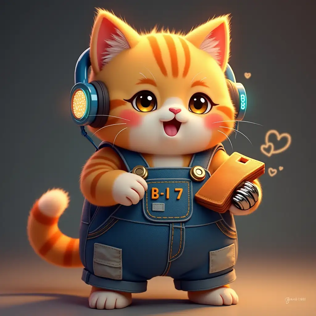 Anthropomorphic chubby orange tabby cat standing on hind legs, human-like posture with paws resting on round belly, oversized denim overalls with patched knees and dangling left strap, glowing 'B-17' collar shaped like retro gaming headset, [mechanical right paw shaped like cartoon glove with retractable USB fingers]::2, data-cable tail forming heart shape, [expressive anime-style eyes with floating code holograms]::3, rosy cheek circles, [whiskers styled like neon fiber-optic cables]::1.5, fuzzy paw pads showing worn WASD key imprints, floppy fabric ears with stitch details, holding pixel-art fish bone sandwich, soft chibi-proportioned cyberpunk style, warm studio lighting --ar 3:4 --v 5.2