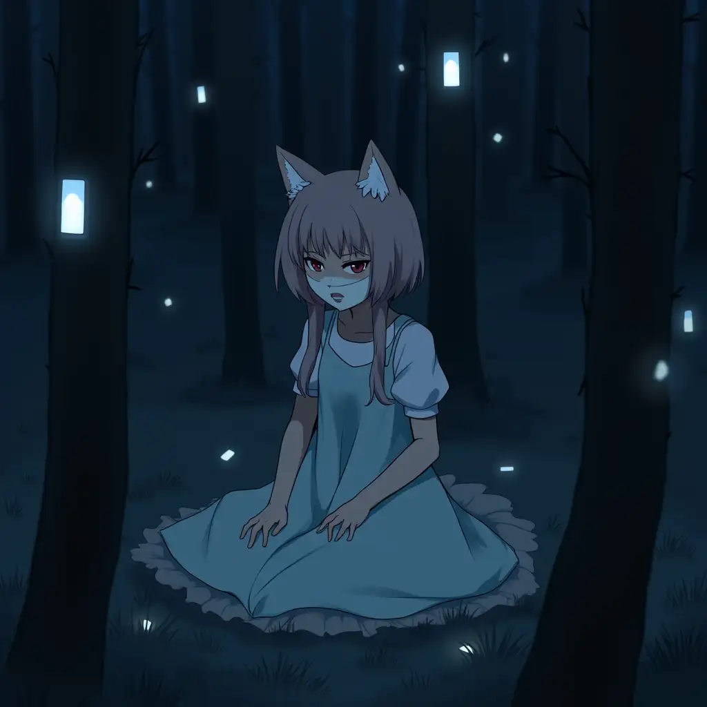 A girl in a light blue dress. She is wearing a mask of a fox. She is sitting on the ground in the forest. There are glowing smartphones on the trees. The whole picture is dark and creepy. Anime style.