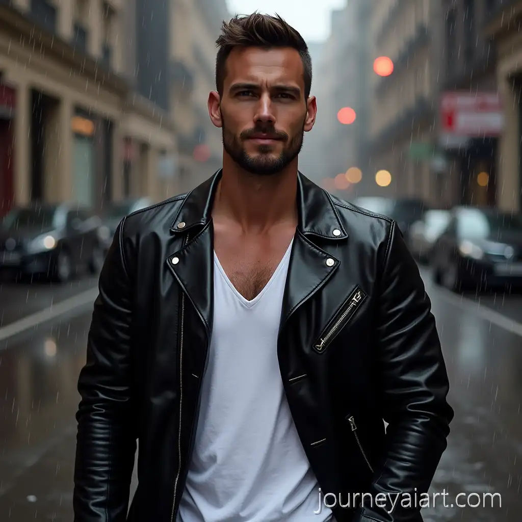 Man-in-Black-Leather-Jacket-Standing-on-Rainy-Urban-Street-at-Night
