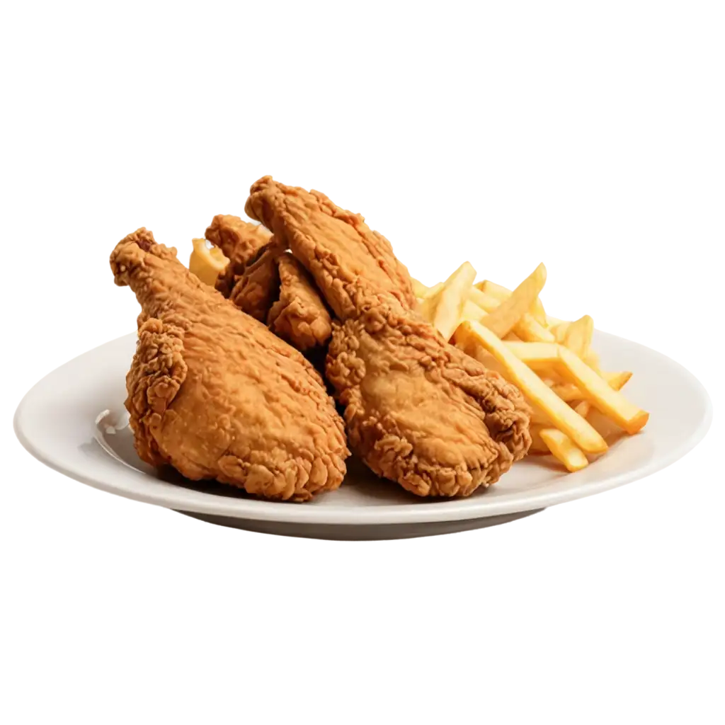 a plate with fried chicken accompanied by French fries