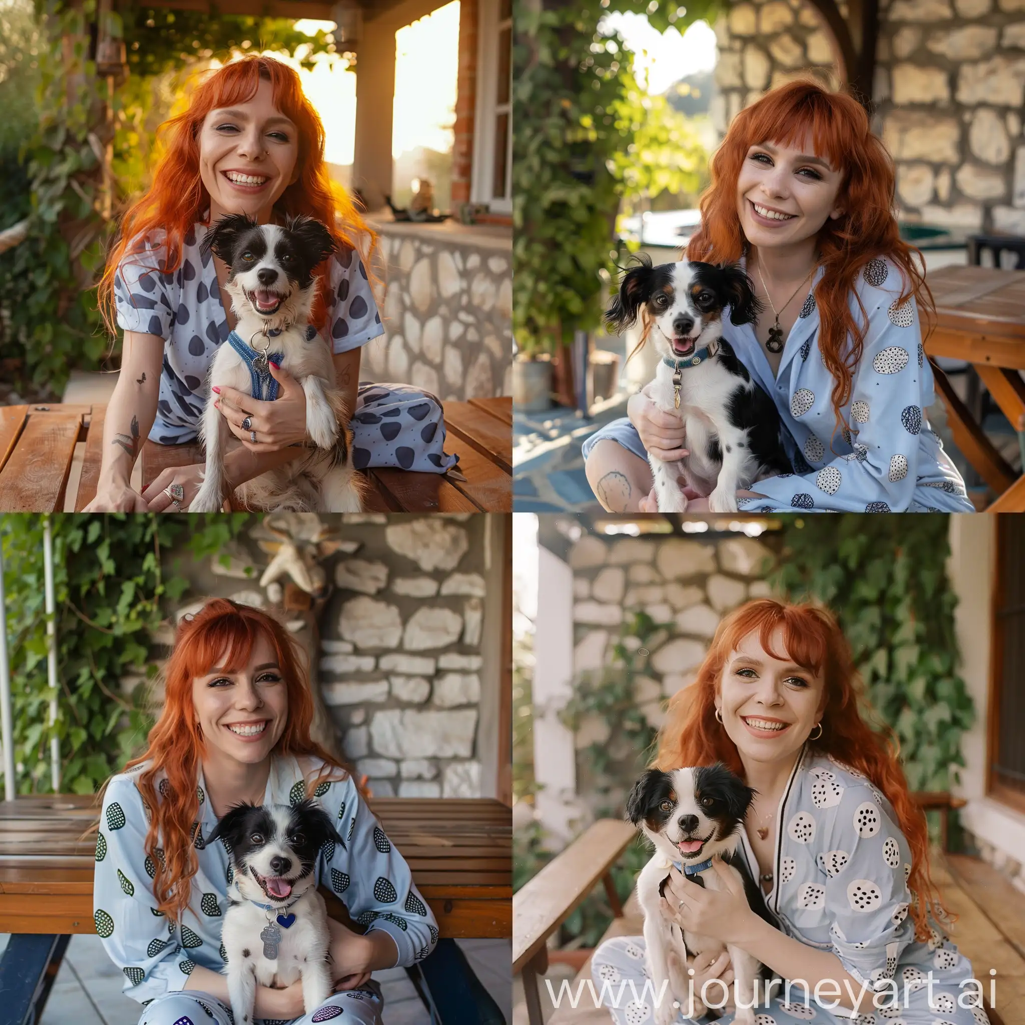 Cheerful-Young-Woman-with-Red-Hair-Playing-with-Dog-on-Sunlit-Patio