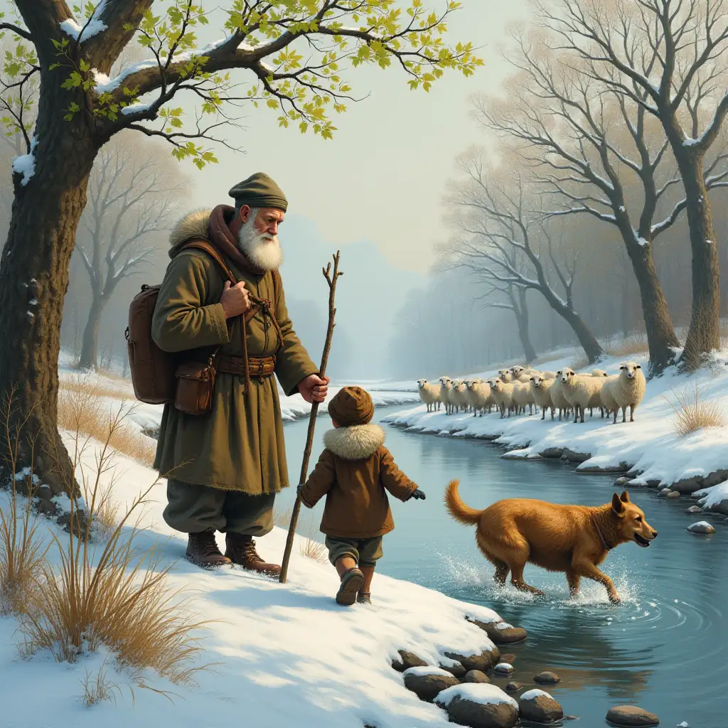 An old shepherd and his grandson, a boy shepherd with a dog, are standing near a river where the snow is melting and it's spring outside. There is also a flock of sheep nearby. The trees have green leaves on them as it's spring outside and the dog is running around