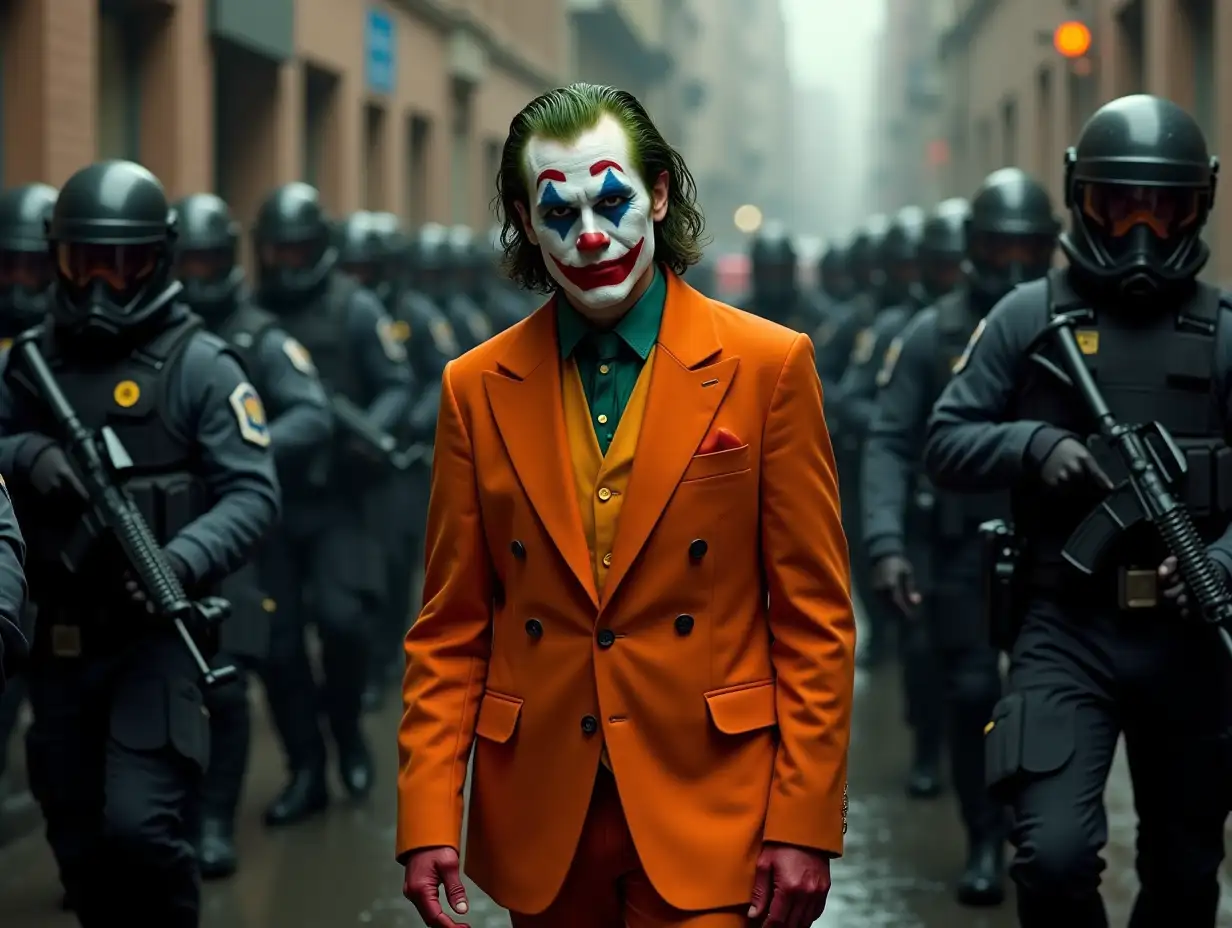 the Joker in orange suit surrounded by heavily armed Police