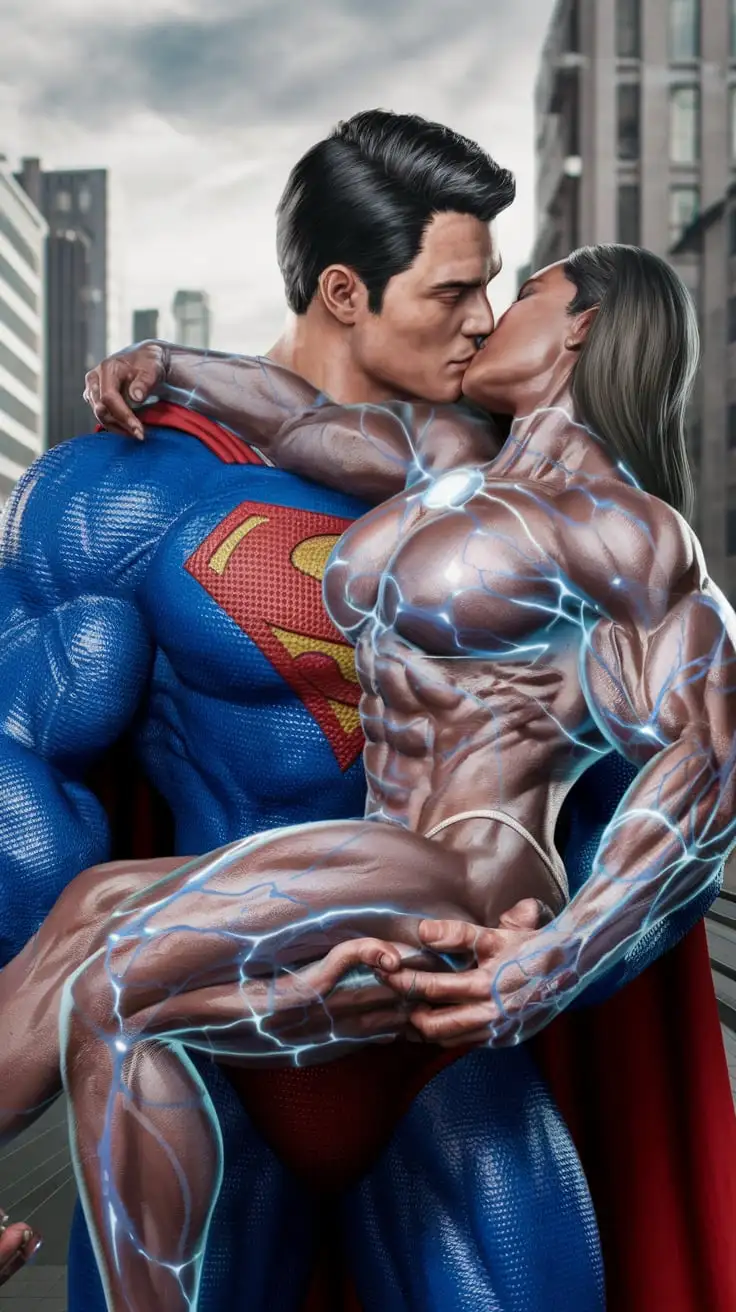 Superman-and-Bodybuilder-Girlfriend-Embrace-in-Cosmic-Energy