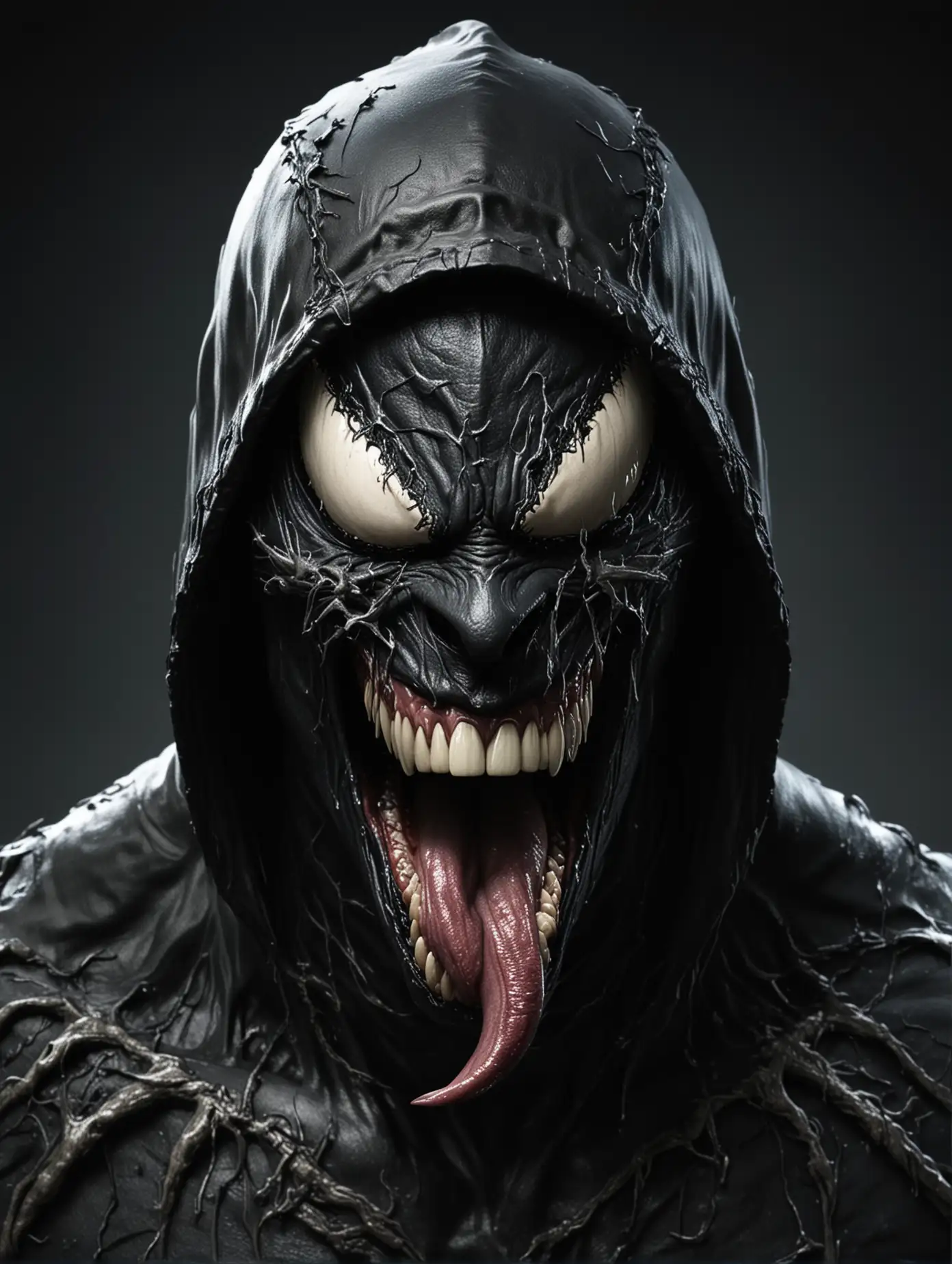 Man-in-Hood-Transforming-into-Venom-with-Tongue-Out-and-Enraged-Expression