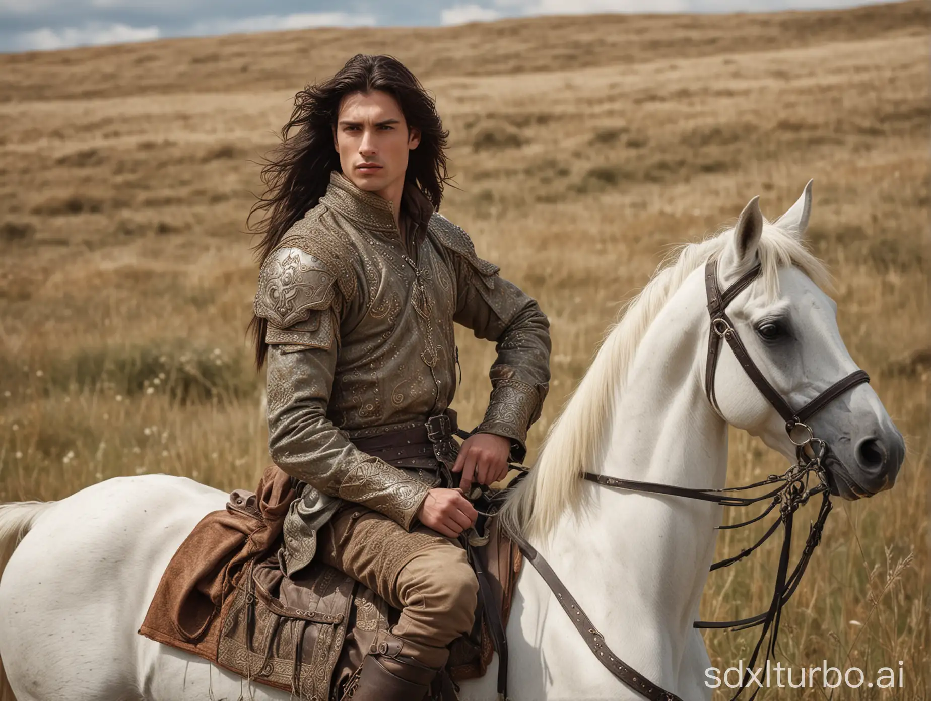 On the white horse a handsome rider is a statuesque young man with long dark hair lying on his broad shoulders. He is dressed in beautiful medieval hunting clothes and boots and rides over the steppe.