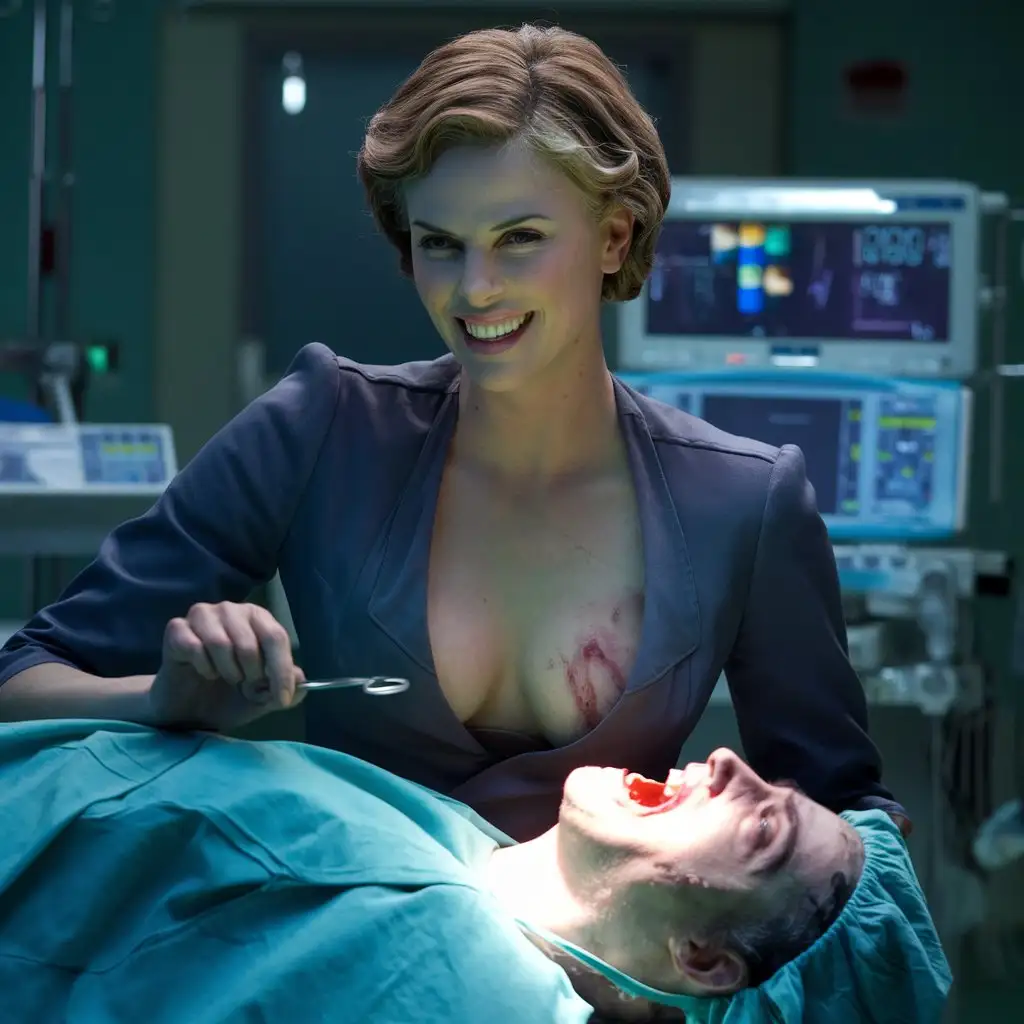 Evil crazy smile surgeon Charlize Theron with deep neckline performs surgery on a screaming patient, photo, cinematic, 4k