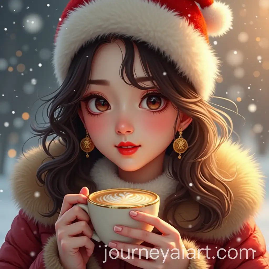 Korean-Woman-in-Gold-Christmas-Attire-on-a-Magical-Winter-Day