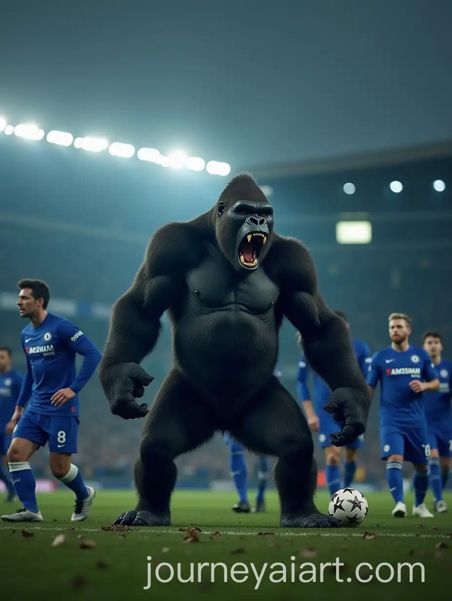 Gorilla-Confronts-Chelsea-Football-Team-in-Dark-Stadium