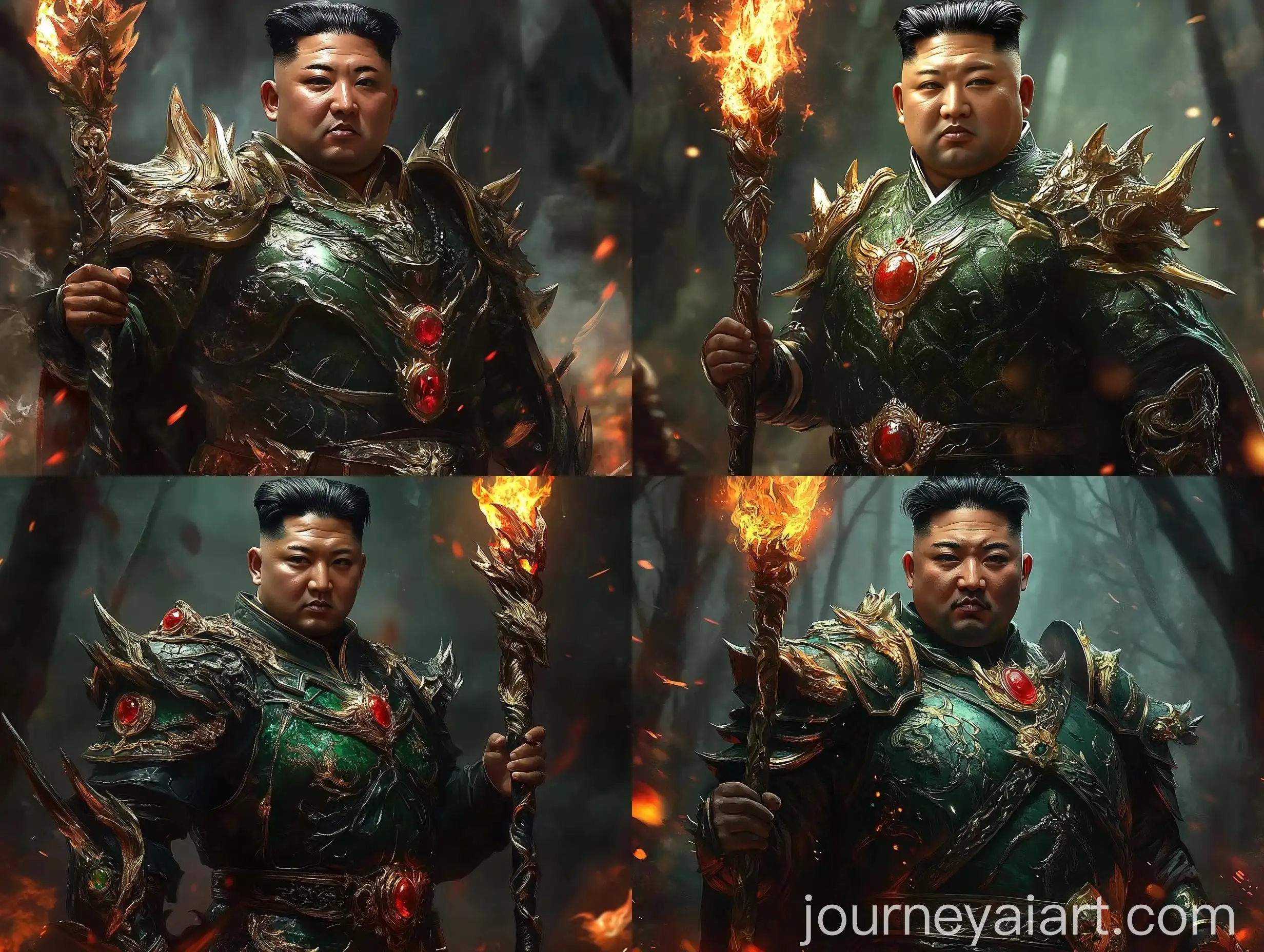 Medieval-Fantasy-Character-in-Green-Armor-with-Flaming-Staff