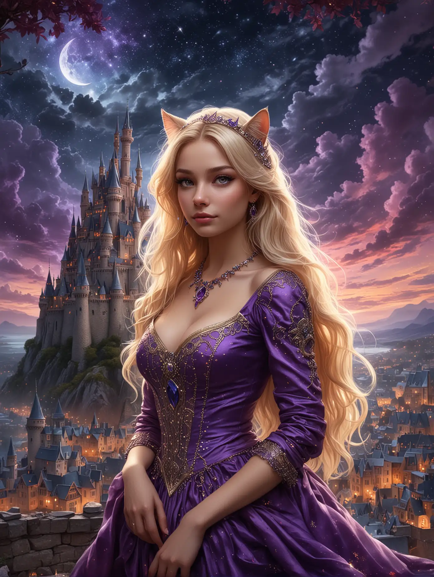 Create an image similar to the provided one, featuring a fantasy setting with a group of five characters. The central figure is a beautiful woman with long blonde hair, wearing a lavish purple dress adorned with jewels. She has a regal and confident demeanor. Surrounding her are four handsome men, each with a distinct appearance and dressed in various adventurous and rugged outfits. The background includes a fantastical night sky with stars and moons, and a castle-like cityscape with glowing lights. Add a mystical, colorful cat at the bottom right of the image, adding to the magical atmosphere.