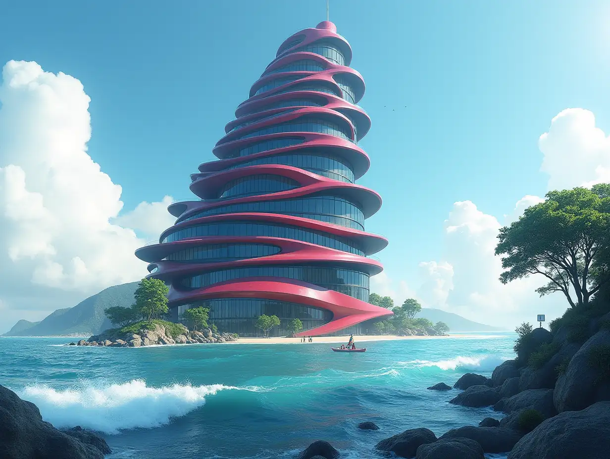 Create a high-resolution, realistic panorama image of a futuristic very tall building with windows twisted like a snail's shell with black and red facades with sea with very large waves, big trees, blue sky