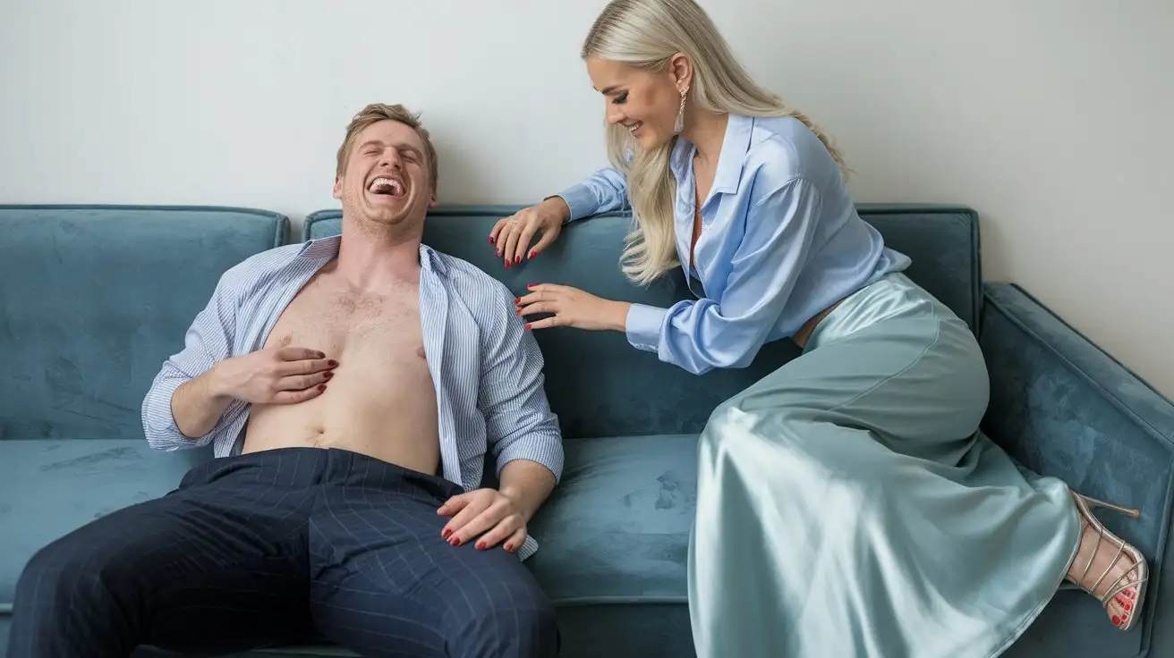 Caucasian-Man-Laughing-with-Beautiful-Blonde-Woman-on-Sofa