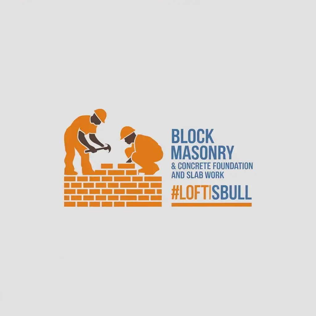 LOGO Design for Block Masonry Concrete Bold Silhouettes of Workers with Warm Orange and Blue Accents