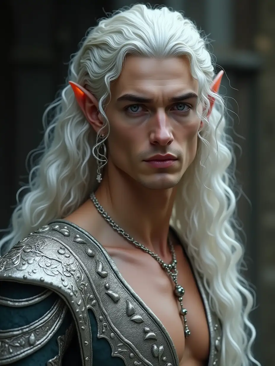 HD super realistic Captivating perfect regal elven prince in his 30s with grey eyes, ornate silver-embroidered clothing, naked torso, long curly platinum hair with detaled strands