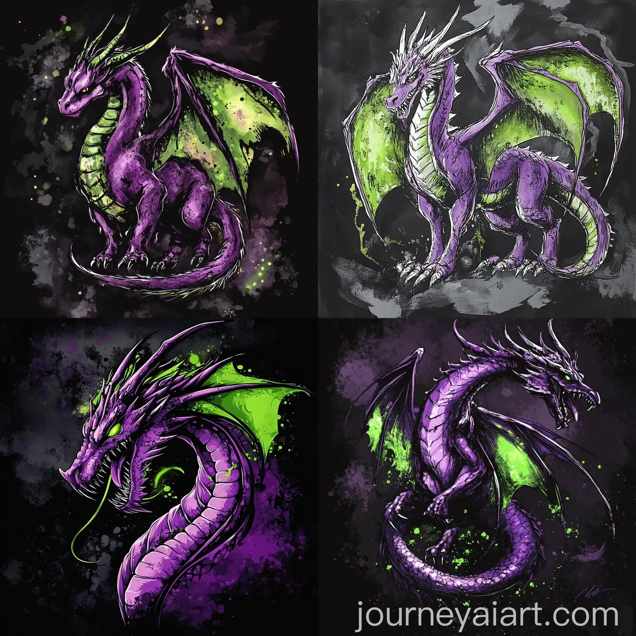 Ink-Style-Purple-Dragon-with-Green-Accents-on-Black-Background