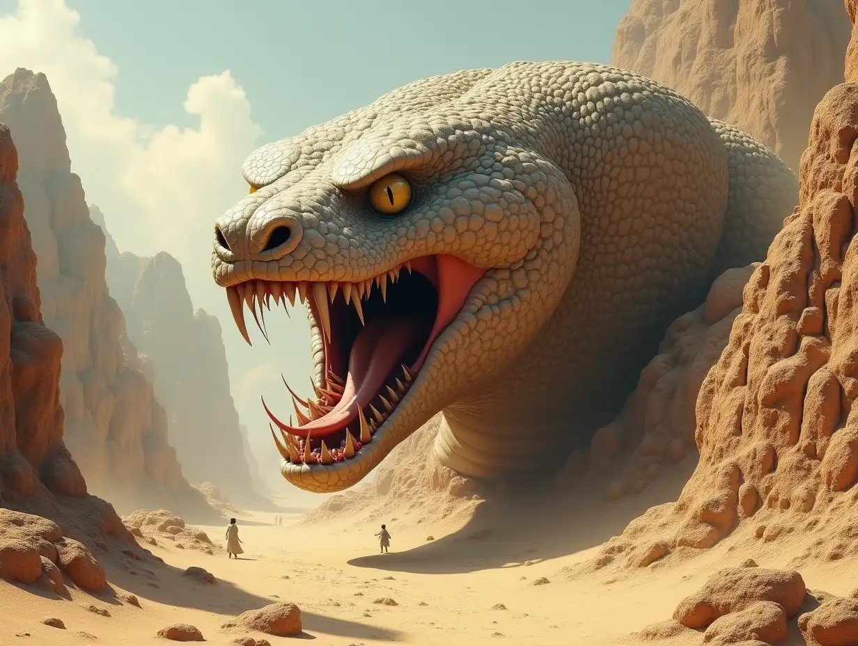 Create an image of a giant snake with a cat's face with an open mouth and long teeth between mountains with sand and detail in parts and lighting.