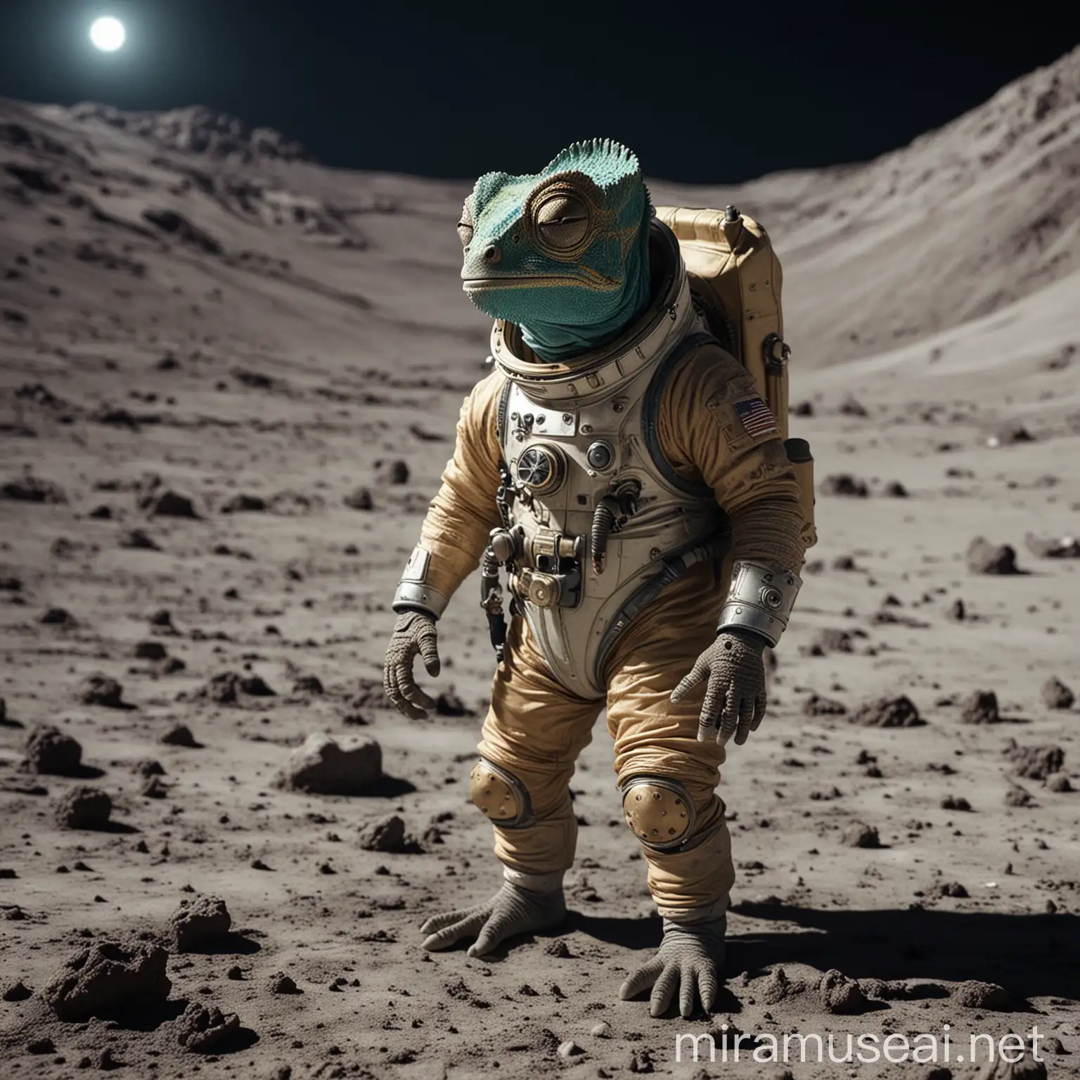 Chameleon in Diving Suit on Moon Surface