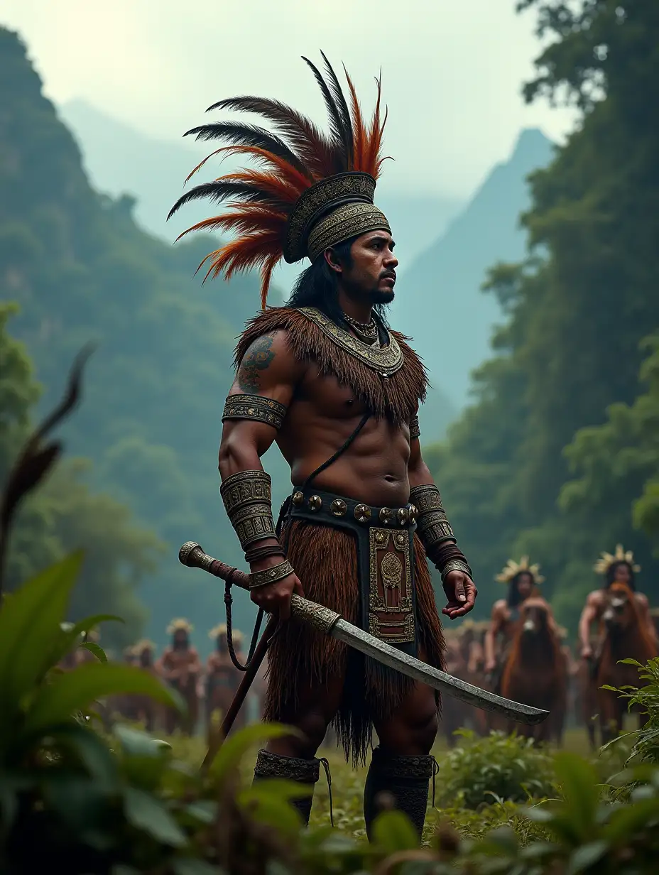 Tecún Umán, the last ruler of the K'iche' kingdom, standing tall and proud, wearing traditional Mayan warrior attire with vibrant feathered headdress and obsidian weapons, in the year 1524, the scene set in the dense jungles near Quetzaltenango, Guatemala, leading his people into battle, surrounded by the ancient trees and mist-covered mountains, with a wide-angle shot capturing the majesty of the scene, hyper-realistic, photo realism, cinematography